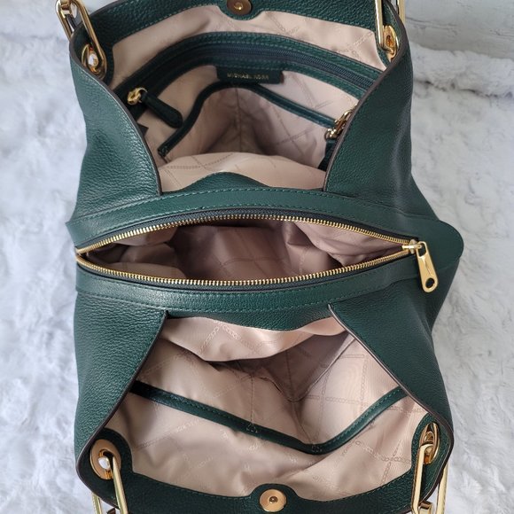 MICHAEL KORS Raven Green Emerald Gold Leather Large Shoulder Tote - Picture 10 of 14